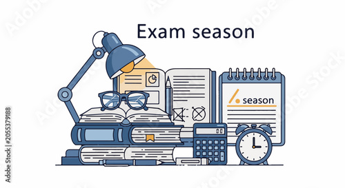 A desk setup with books, a lamp, glasses, and study materials for exam preparation