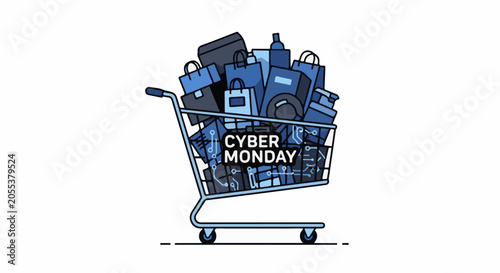 A full shopping cart with 'Cyber Monday' text and circuit board patterns
