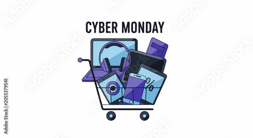 A shopping cart filled with various electronic devices, promoting a sale