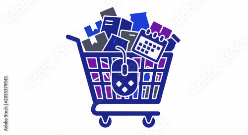 A shopping cart filled with boxes and a calendar, with a computer mouse on top
