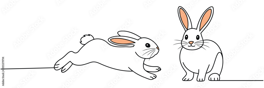 Fototapeta premium Continuous line drawing of two cute rabbits one running and one sitting isolated on a white background vector illustration.