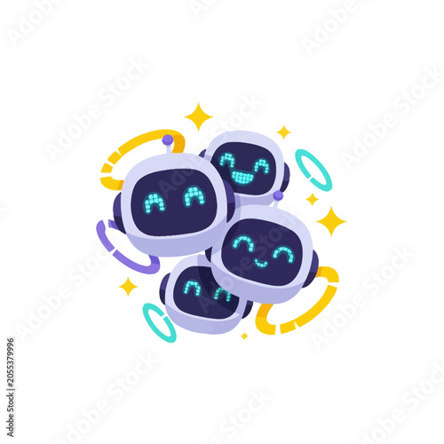Group of Cartoon Robot Faces with Smiles.