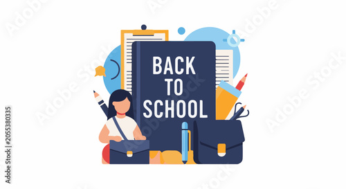 A colorful illustration depicts a young person ready for school, surrounded by books and supplies