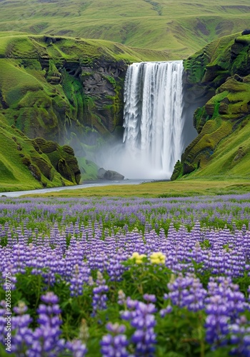 Majestic Skogafoss Waterfall in Iceland with Vibrant Purple Lupine Flowers in the Foreground and Lush Green Cliffs