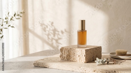 Beige Cylinder Product Podium in Center of Gentle Water Ripple and Wave Rings