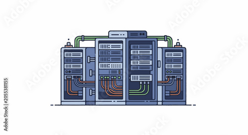 Modern server rack array with cooling pipes and colorful data cables