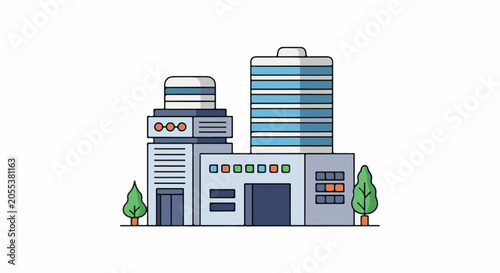 Modern industrial building with two towers, trees, and clean lines