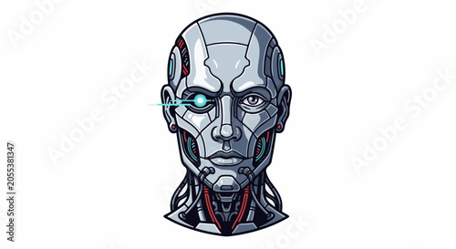Pixelated robotic head with one glowing blue eye and mechanical neck