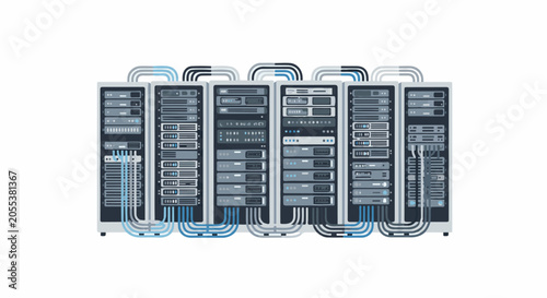 Rows of networked servers with blue and gray cables connecting them