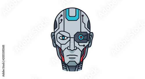 Pixelated cyborg head with a single visible eye and a cybernetic eye implant