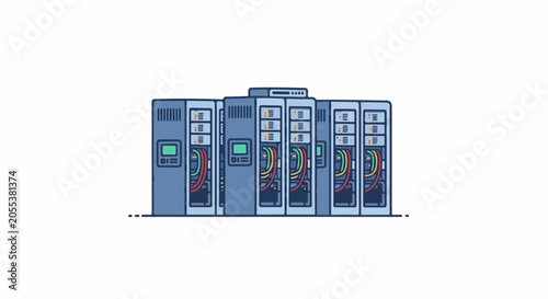 Rows of blue server racks with colorful cables and indicators on a white background