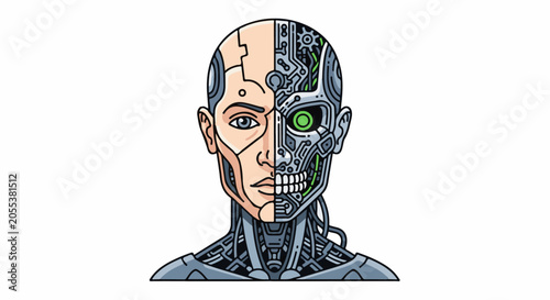 Humanoid head split between organic and mechanical halves, showcasing advanced cybernetic integration