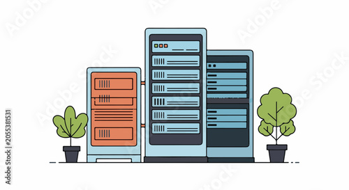 Stylized server racks and potted plants in a clean, minimalist illustration