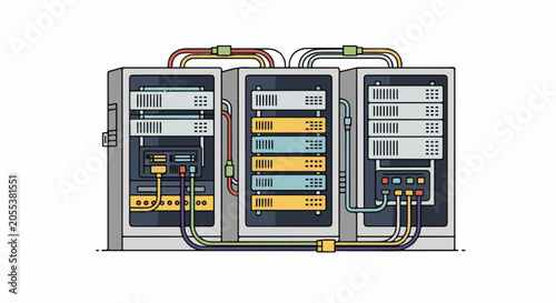 Three server racks with multiple colorful cables connecting them