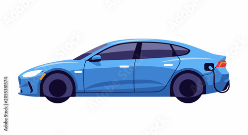 A blue electric car is plugged in for charging, shown in profile