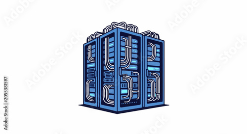 A cluster of blue server racks with intricate white cabling