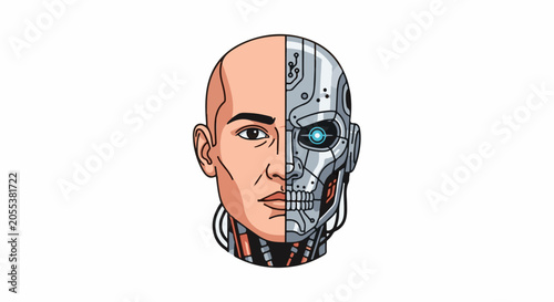 A human face seamlessly transitions into a robotic mechanical head