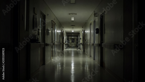 A dimly lit hospital corridor evokes feelings of mystery and solitude, highlighting the stark contrast between light and shadow.