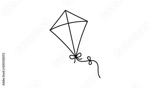 Simple black and white sketch of a kite featuring a diamond shape and curly tail design on plain background.