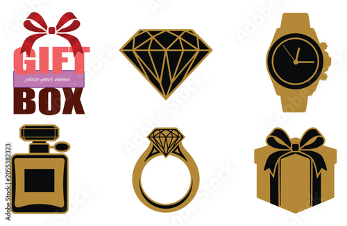 Elegant gold and black luxury gift icons set including diamond, ring, and watch