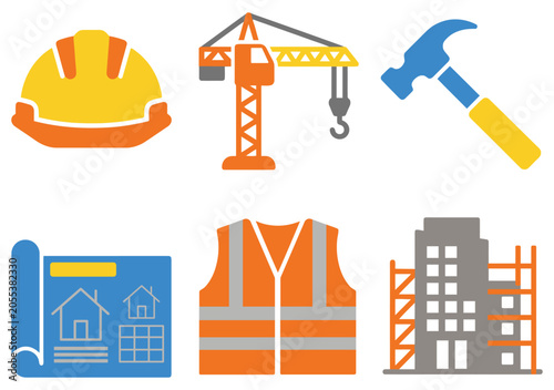 Construction and building industry flat vector icons set