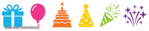 Set of colorful birthday party icons isolated on white background