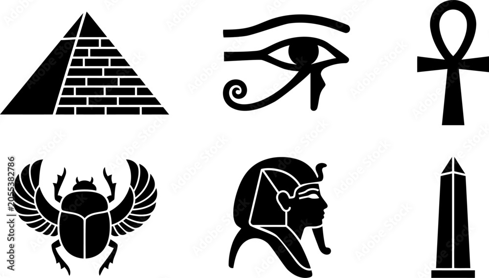 Fototapeta premium Black Silhouette Icons of Ancient Symbols and Mythology on White Background