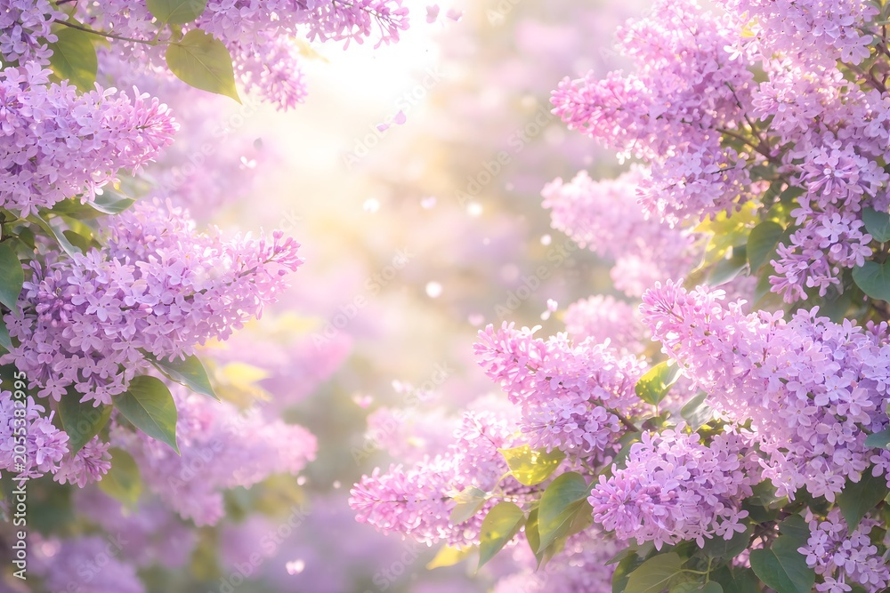 Obraz premium Dreamy botanical lilac border with warm sunlight and pastel blooms for wedding decor and luxury greeting card, romantic spring floral background, pink blossoms framing with delicate petals and bokeh