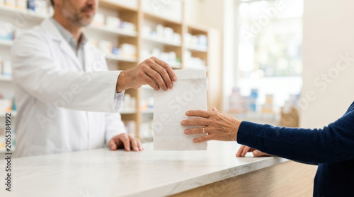 Pharmacist handing medication bag to woman womens health menopause in clinic counter interaction