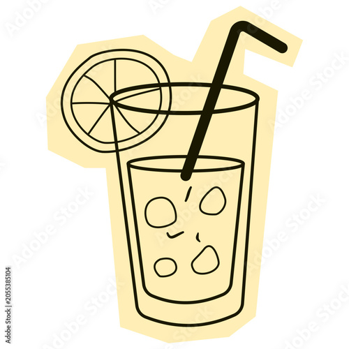 Hand drawn glass of juice with straw and lime slice garnish