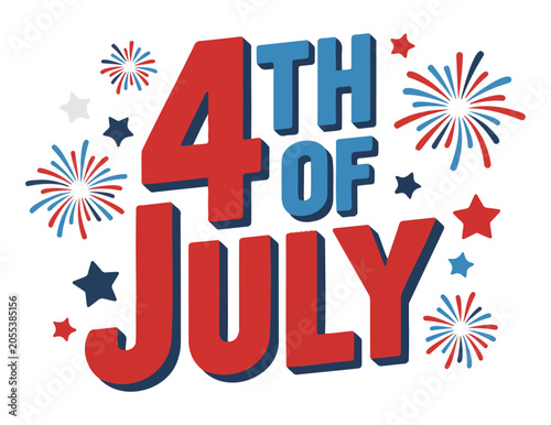 4th of July Celebration Text with Fireworks On a White background
