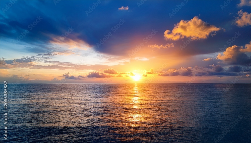 Fototapeta premium Sunset Sky Clouds Over Sea Water Background In Evening With Orange Blue Sun Light Horizon Sea Ocean Sunrise Sky Landscape Nature Backgrounds And Gold Sun Down In Golden Hour Summer Season Dusk Sky
