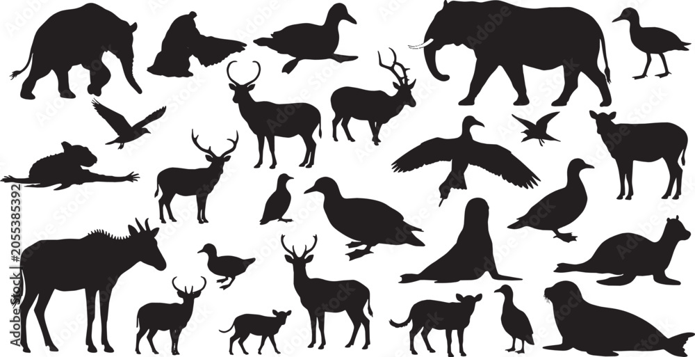 Fototapeta premium Collection of various wild animal silhouettes vector art
