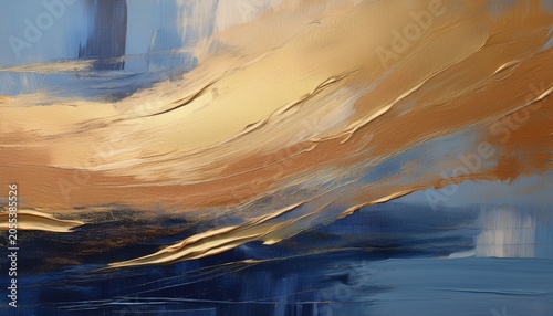 Texture Oil And Acrylic Smear Blot Painting Landscape Abstract Gold And Blue Color Stain Brushstroke Paper Background Contemporary Art
