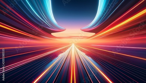Abstract Modern Scene With Reflective Ground Sunset Sky And Parallel Light Trails For Motion Design