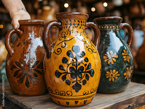 Colorful ceramic pottery on display.