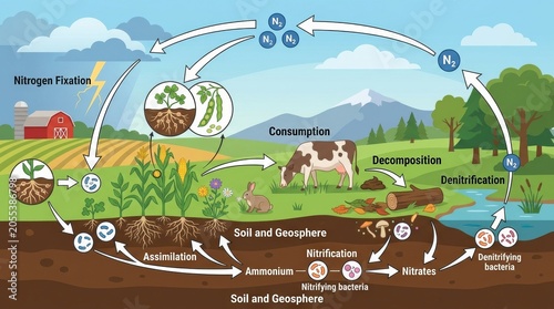 Nitrogen Cycle Educational Illustration with Fixation Assimilation Nitrification and Denitrification Stages