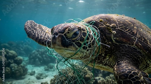 Sea turtle swimming in the ocean trapped by a piece of green plastic fishing net