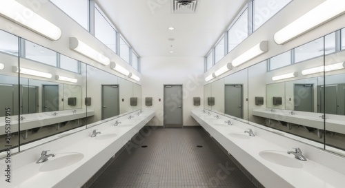 Modern Public Restroom with Long Countertops and Mirrors.
