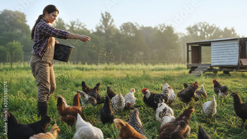 A farmer feeding chickens in a lush green field at sunrise, showcasing the peaceful rural lifestyle and connection with nature.