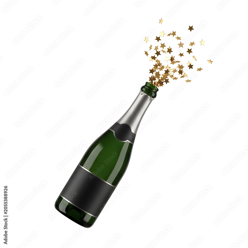 Obraz premium Champagne bottle with gold star confetti exploding