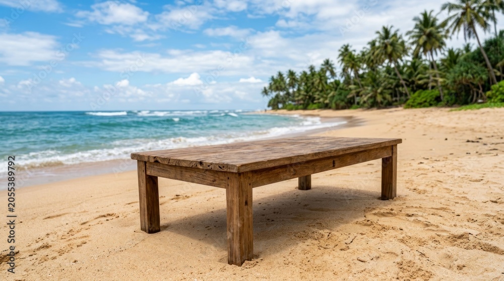 Fototapeta premium Rustic Wooden Table on a Tropical Beach with Palm Trees and Ocean Waves.