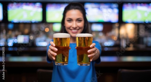 Smiling woman holding two glasses of beer in a bar.