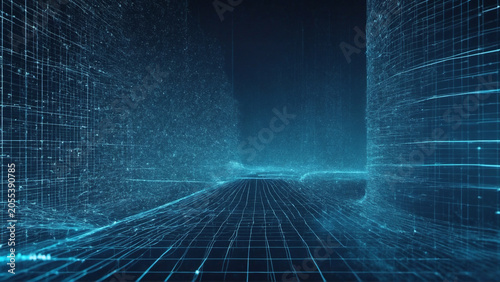 Futuristic corridor of glowing data grids and digital walls