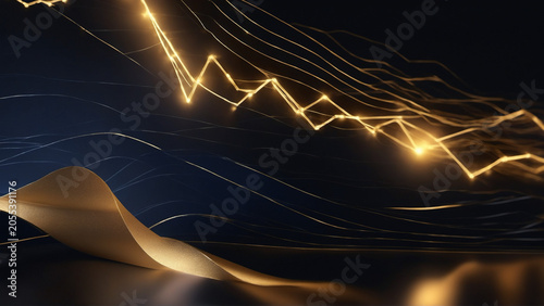 Golden stock market trend lines on dark finance background