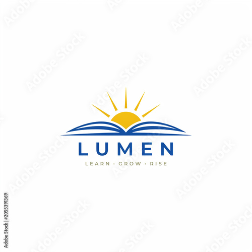 Lumen learn grow rise logo with sun and open book