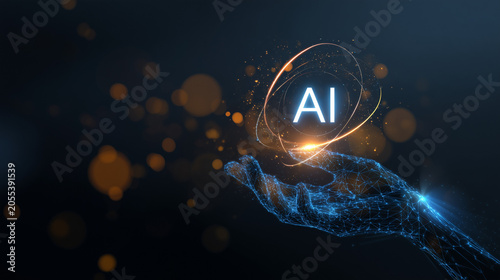 Artificial Intelligence Concept Floating Above Digital Hand with Glowing Energy