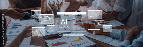 Photos Collaborative Business Meeting with AI Infographics and Data Charts, Enhancing Productivity and Innovation in a Modern Workspace