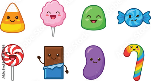 Bilde på lerret Cute Kawaii Candy Character Collection with Smiling Candy Corn, Cotton Candy, Je