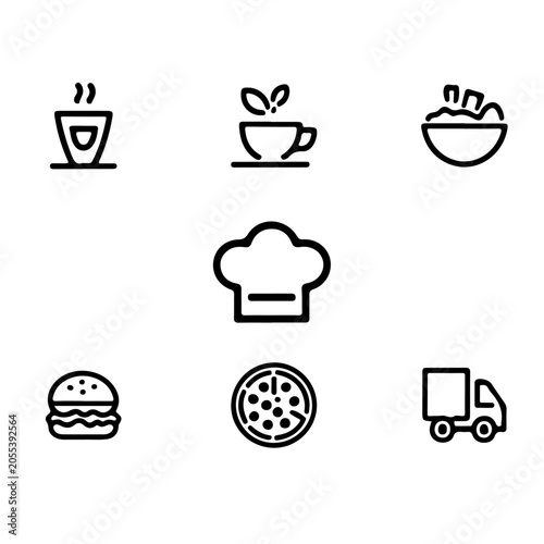 Modern Food and Beverage Minimal Icons Set with Coffee, Fast Food, and Delivery